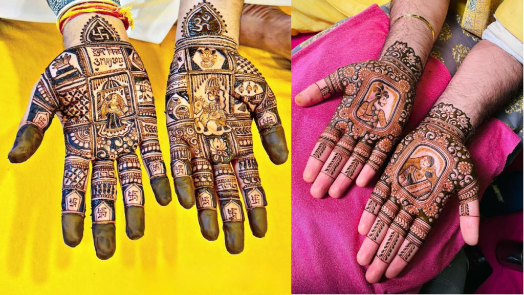 Mehandi tatest designदूल्हा-दुल्हन की तस्वीरों वाली मेहंदी डिजाइन शादियों में बहुत खास मानी जाती है। इसमें दूल्हा और दुल्हन के चित्र या उनकी झलकें हाथों पर खूबसूरती से बनाई जाती हैं।